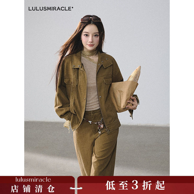 Lulusmiracle【秋日余辉】春冬复古纯棉做旧夹克外套+牛仔裤套装