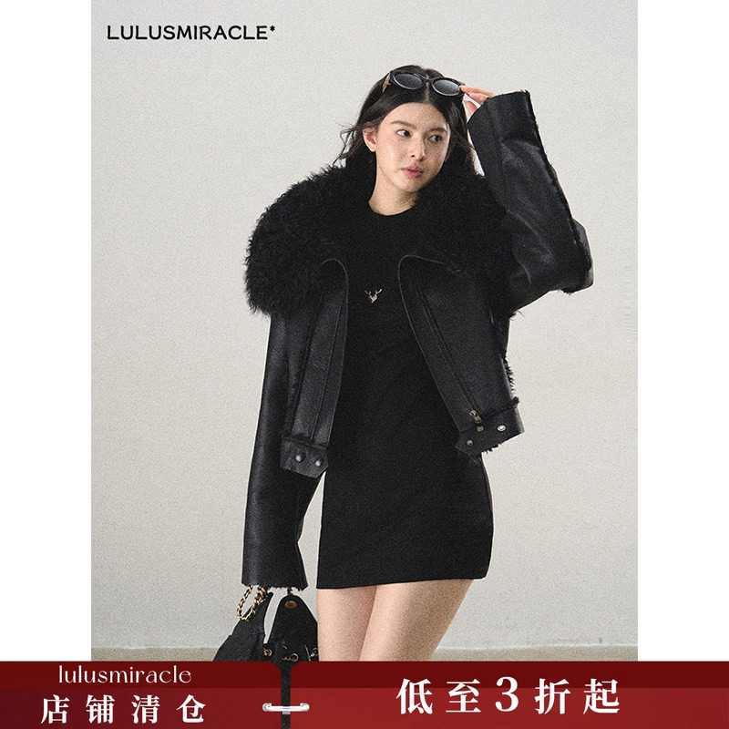Lulusmiracle【约克街区】复古酷帅皮毛一体大毛领PU皮夹克外套女