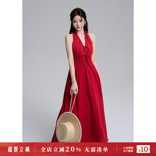 LulusMiracle 挂脖连衣裙女海边度假长裙 风情万种 红色V领无袖