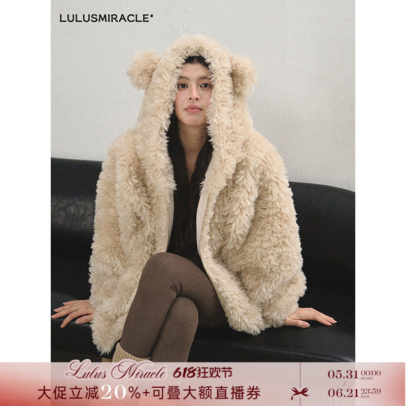 LulusMiracle【小羊肖恩】皮毛一体羊驼绒毛毛外套女圣诞连帽上衣