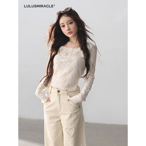 LulusMiracle【一帘幽梦】法式甜美少女感减龄蕾丝上衣牛仔裤套装