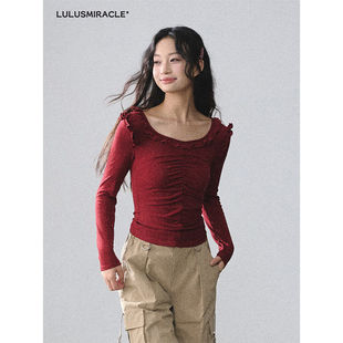 Lulusmiracle【蔷薇心事】天丝羊毛混纺红色复古长袖上衣打底衫女