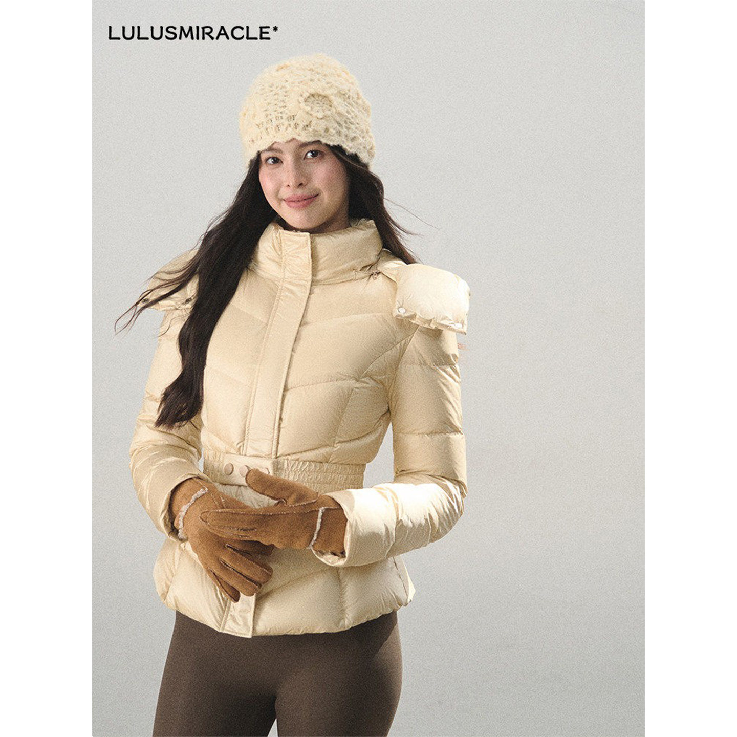 Lulusmiracle【轻暖胶囊】修身收腰铂金色立领显瘦排骨羽绒服短款