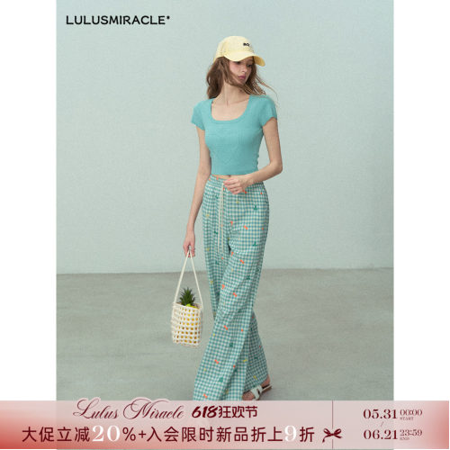 LulusMiracle【冒险岛】夏纯棉透气时尚甜酷显瘦格子阔腿休闲裤女