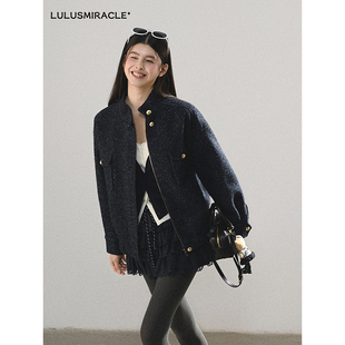 Lulusmiracle【罗纳河星夜】春冬立领保暖黑色羊毛小香风外套女