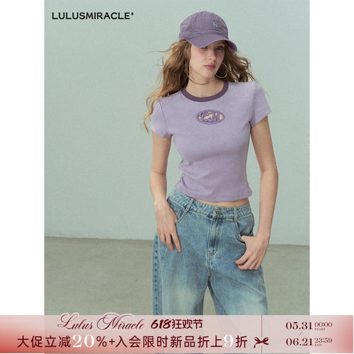 LulusMiracle【心跳的节奏】显瘦气质夏季正肩T恤短款印花短袖女