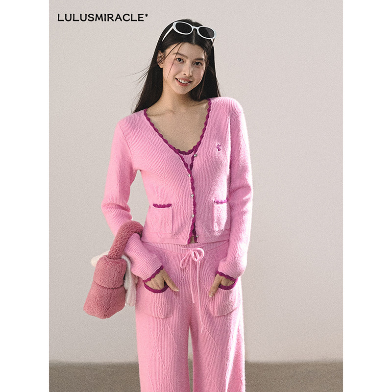 Lulusmiracle【落樱粉霜】春冬粉色V领小香风针织衫三件套装女