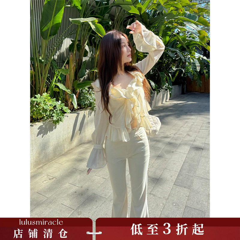 Lulusmiracle【爱乐之城】醋酸羊毛荷叶边V领喇叭袖雪纺小衫上衣