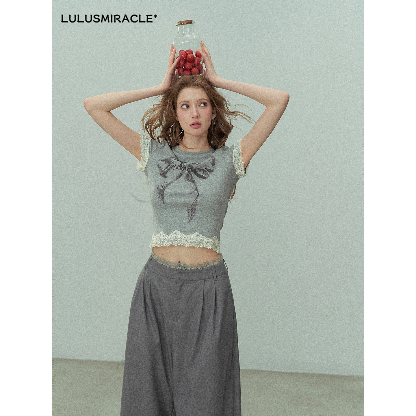 Lulusmiracle【蝴蝶振翅】夏季设计感显瘦甜酷灰色短袖T上衣蝴蝶