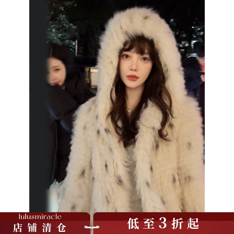 Lulusmiracle【雪域新贵】年轻版白色山猫纹真狐狸毛皮草外套女冬