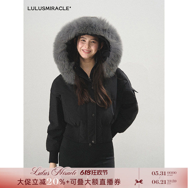 Lulusmiracle【漫步玛黑区】90绒保暖狐狸毛领连帽黑色羽绒服外套