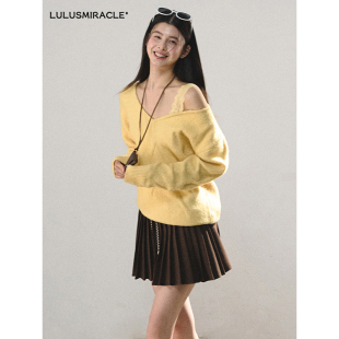 Lulusmiracle【散漫时光】V领黄色宽松云朵衫毛衣针织衫上衣女