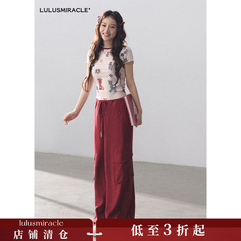 LulusMiracle【夏日影像】多巴胺圆领印花天丝短袖T恤工装裤套装