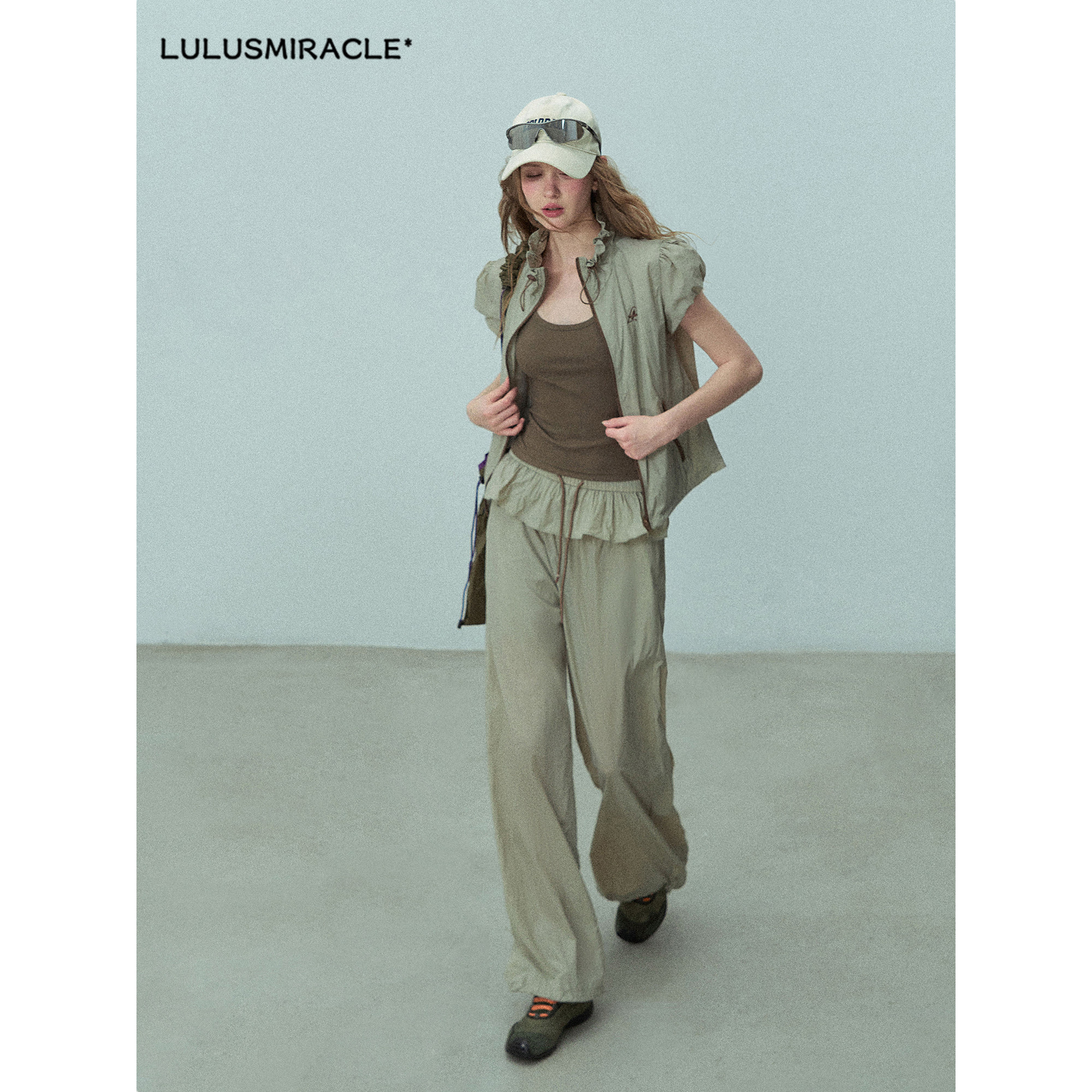 Lulusmiracle【旧时光】夏季时尚百搭休闲长裤工装机能风立领套装