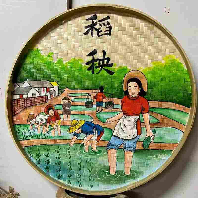 手绘簸箕画竹编筛子画背景墙手工装饰农家乐挂件美丽乡村农耕文化