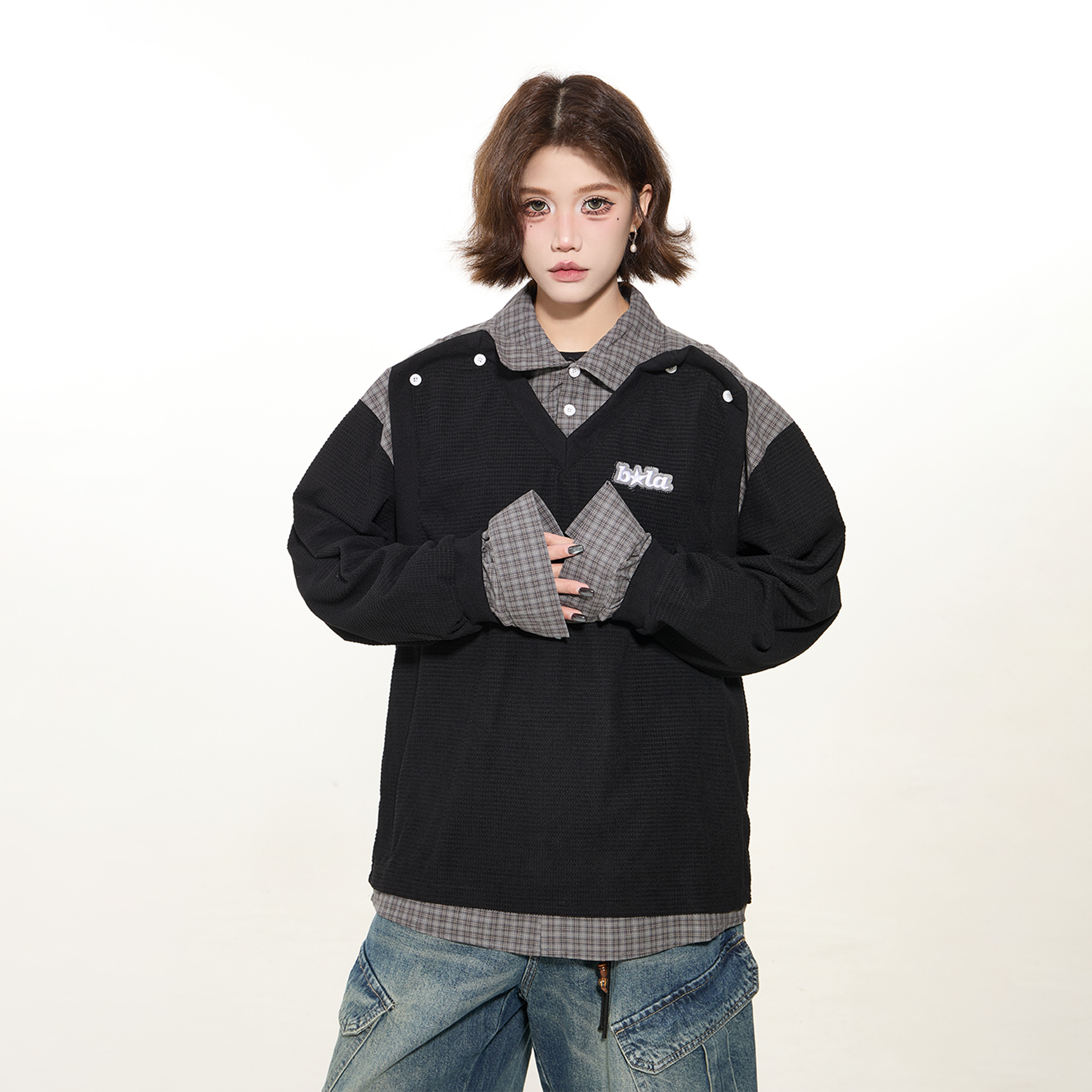 出前一町秋冬新款老钱风假两件拼接格子衬衫领长袖POLO衫男女同款,女装/女士精品,POLO衫,淘宝优惠券,粉丝福利购,淘宝优惠卷