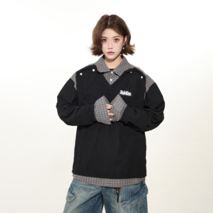 男女同款 出前一町秋冬新款 POLO衫 老钱风假两件拼接格子衬衫 领长袖