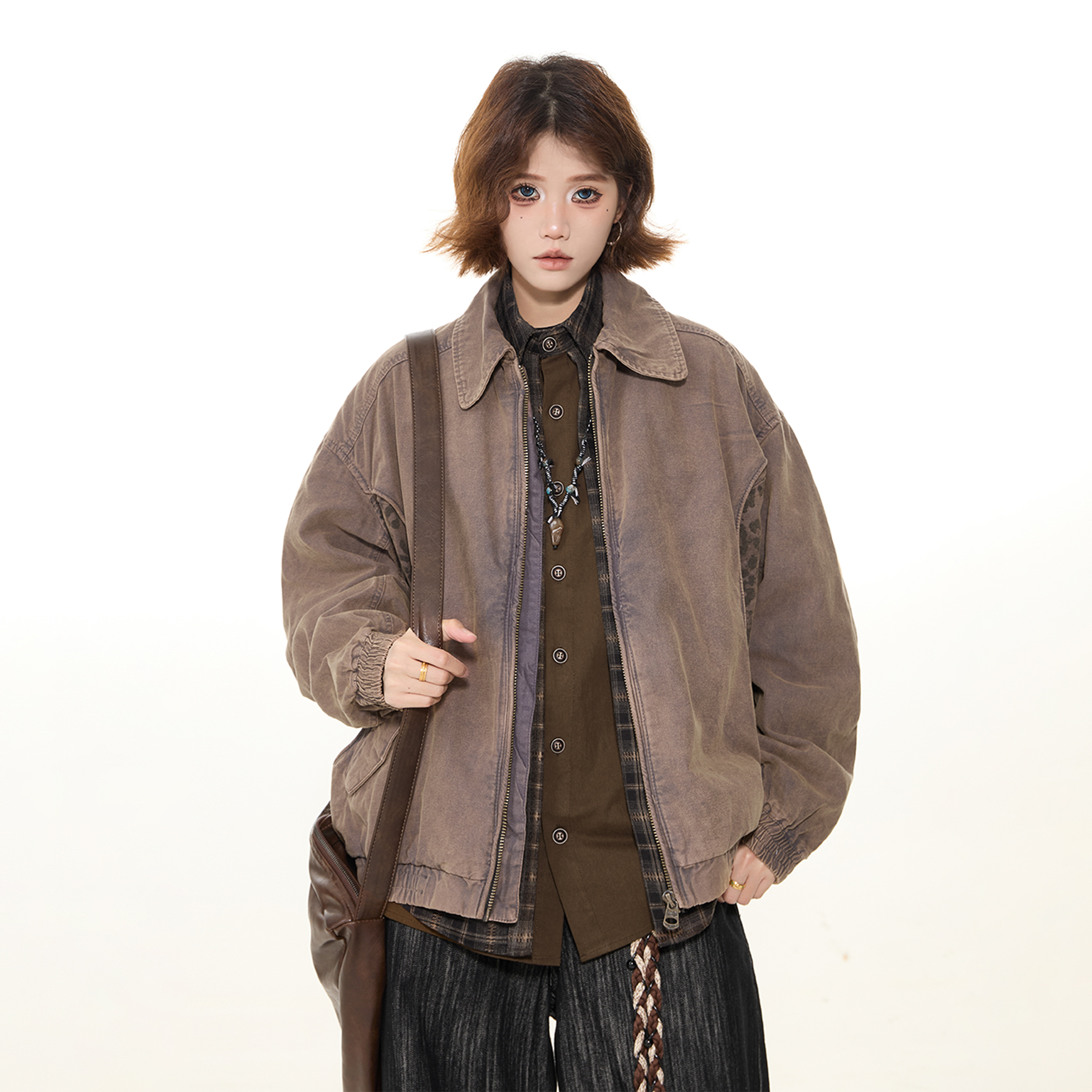 出前一町秋冬款美式重磅复古豹纹拼接夹克男女同款休闲宽松外套