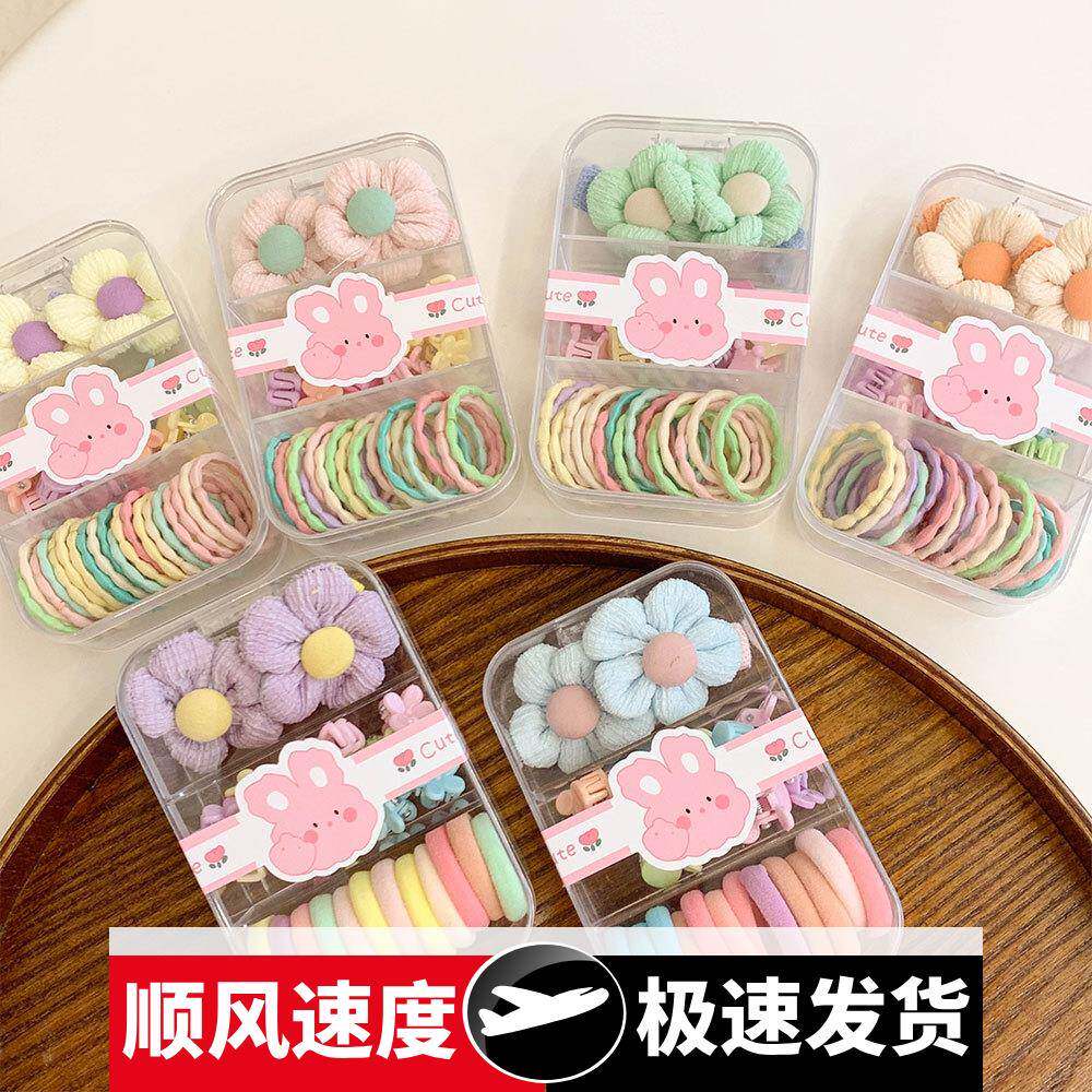 儿童盒装彩色发圈女童可爱橡皮筋花朵发夹子扎辫子拇指圈百搭发饰