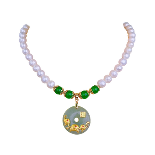 戴多美珠宝 女王 近圆形珍珠项链女和田玉款强亮光泽白色淡水珍珠