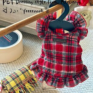 宠物衣服红格公主风宠物狗狗夏季格子飞袖比熊约克夏清凉舒适裙