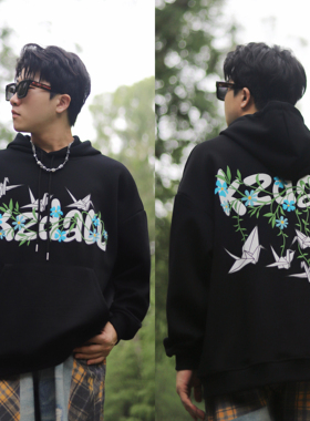 KZDALL原创设计千纸鹤发泡印花连帽卫衣秋冬街头宽松休闲情侣百搭