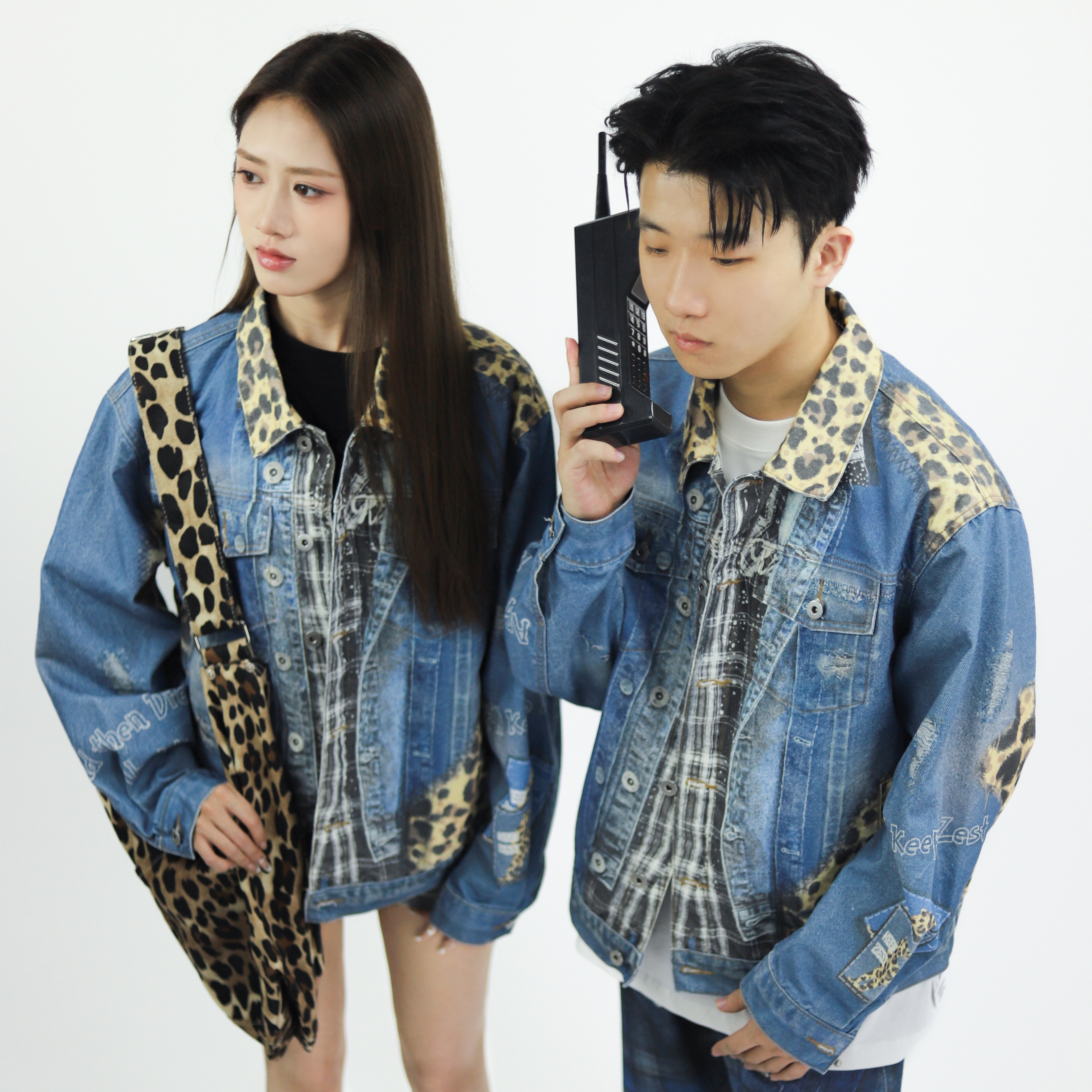 KZDALL原创设计豹纹打印牛仔外套