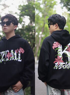 KZDALL原创设计牵牛花刺绣连帽卫衣秋冬美式街头休闲男女情侣上衣