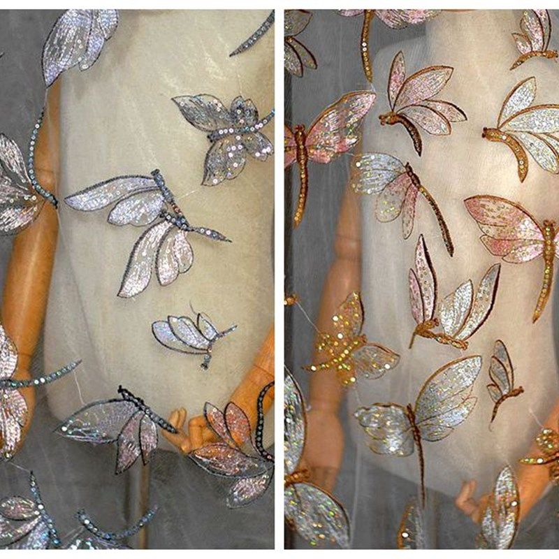 网纱亮片金丝绣花服装面料diy旗袍半身J裙女装制衣布料刺绣蕾丝布