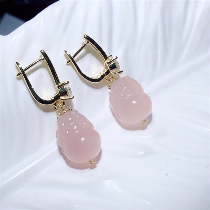 V939 天然粉晶貔貅耳坠耳环芙蓉石耳扣16/12mm女耳饰礼物简约设计