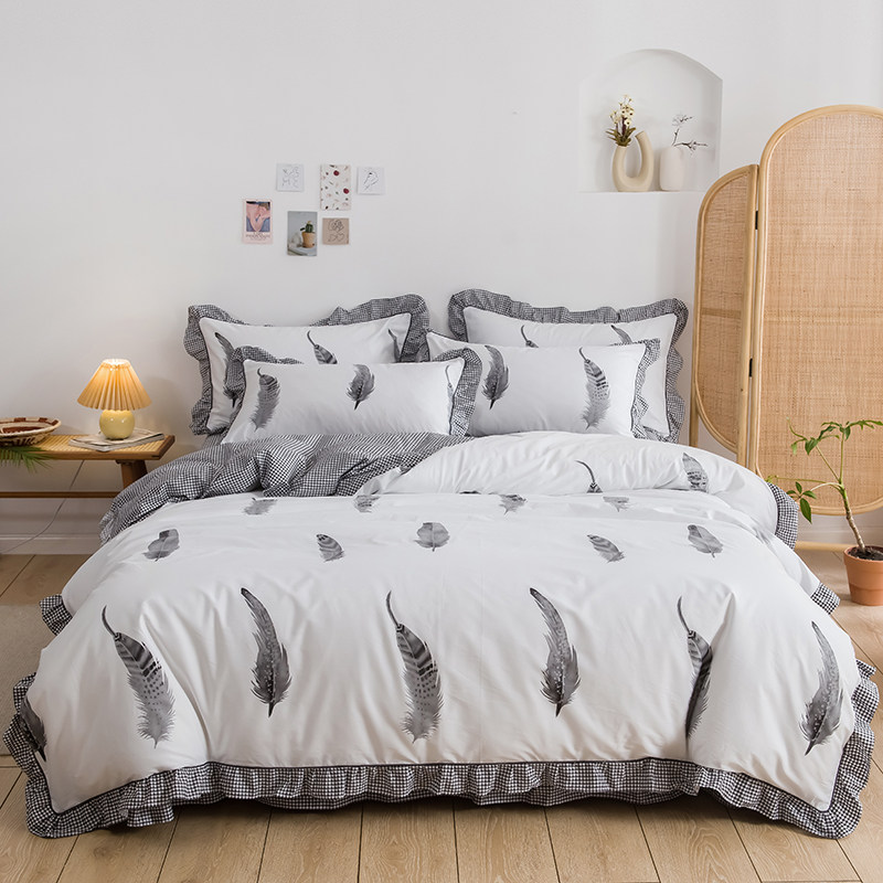 全棉纯棉田园小清新羽毛被套床单1.8m2.0米双人床上用品四件套女4
