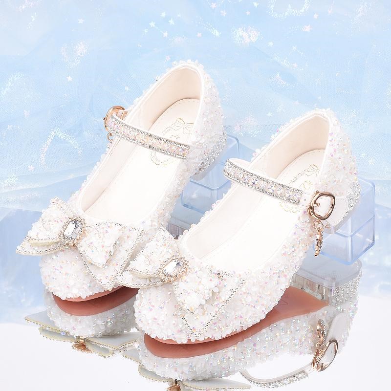 女童公主鞋银色表演水晶鞋洋气儿童高跟鞋模特走秀演出皮鞋舞蹈鞋