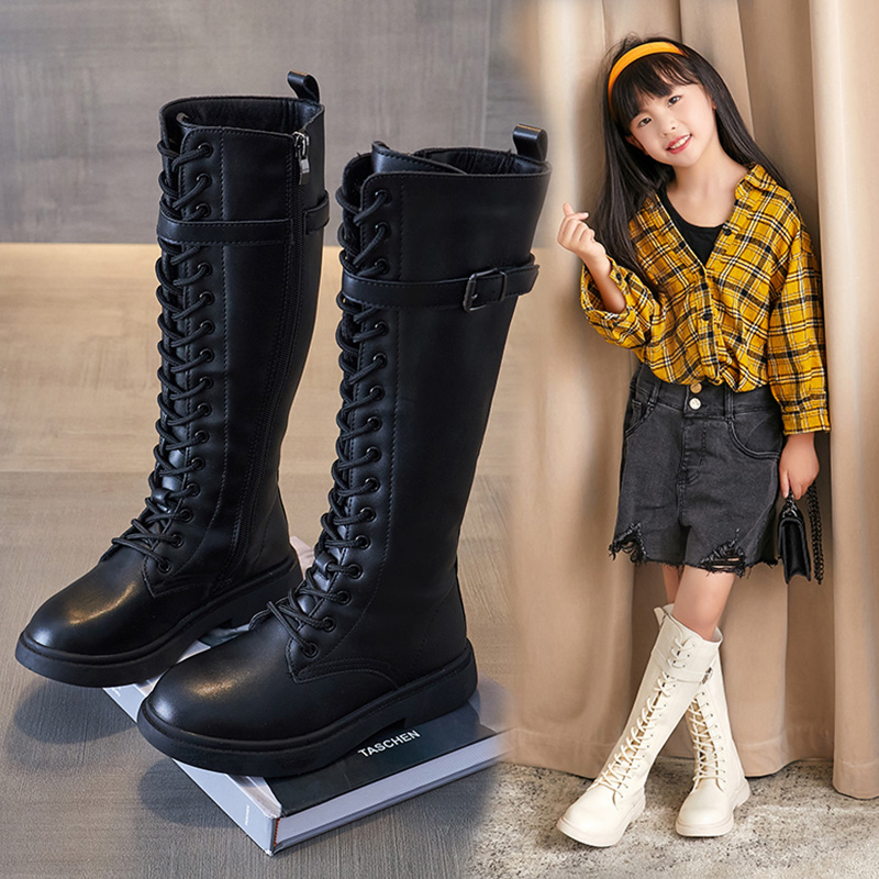 女童靴子春秋冬季洋气公主皮靴单鞋加绒保暖长筒靴儿童马丁高筒靴