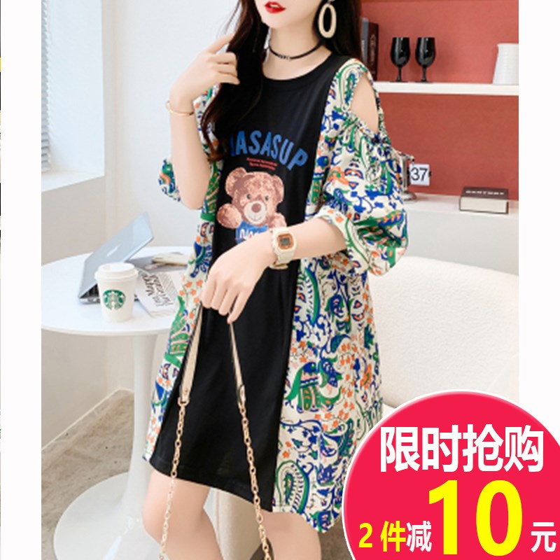 哺乳上衣宽松大码产后衣服外出夏装短袖t恤过膝中长款喂奶连衣裙