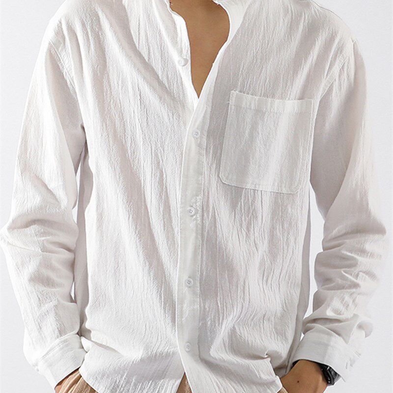 夏季亚麻衬衫男长袖修身休闲薄款纯色F日系复古工装防晒棉麻料衬