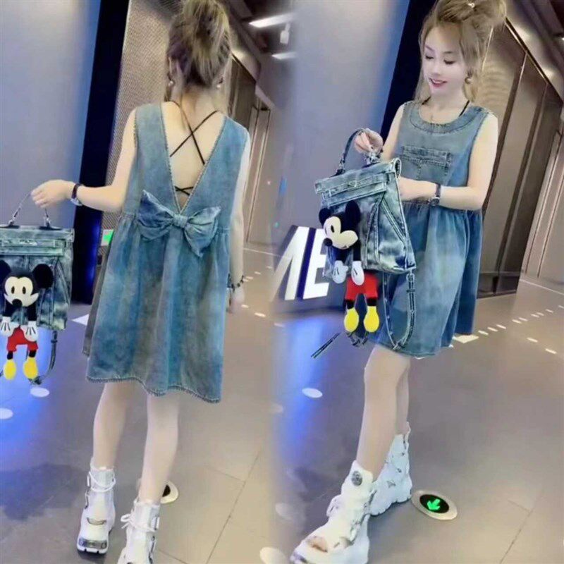 牛仔马甲吊带连衣裙女夏季宽松显瘦背带裙小个子高腰V领背心短裙