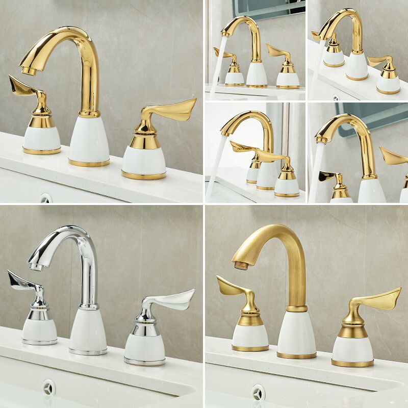 欧式面盆水龙头洗手盆台盆浴室柜卫生间三孔R金色分体式冷热水
