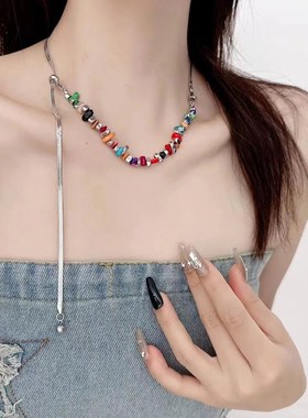 新款彩色方钻锆石糖果水晶项链不对称可调节抽拉式锁骨链皓石项链