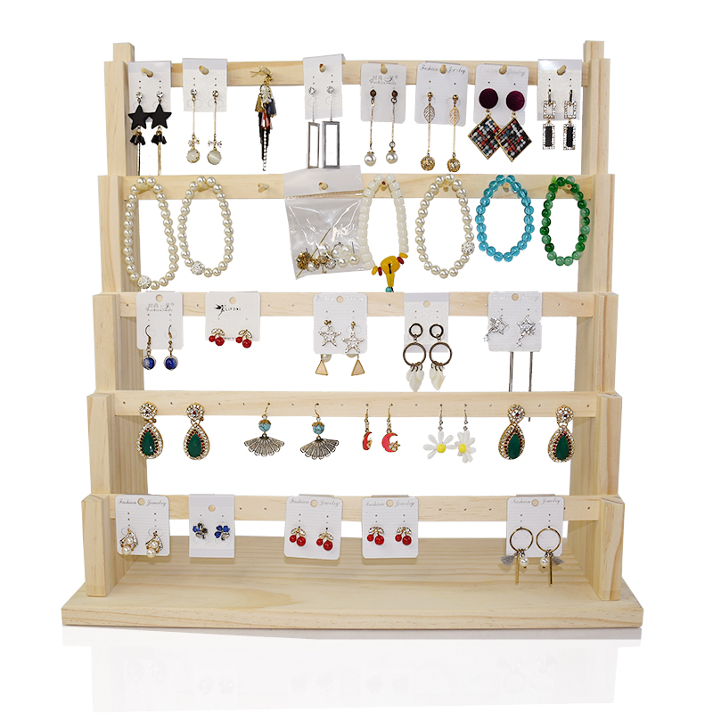 实木阶梯耳环架耳饰卡纸挂架家用耳钉收纳架戒指手链托饰品展示架
