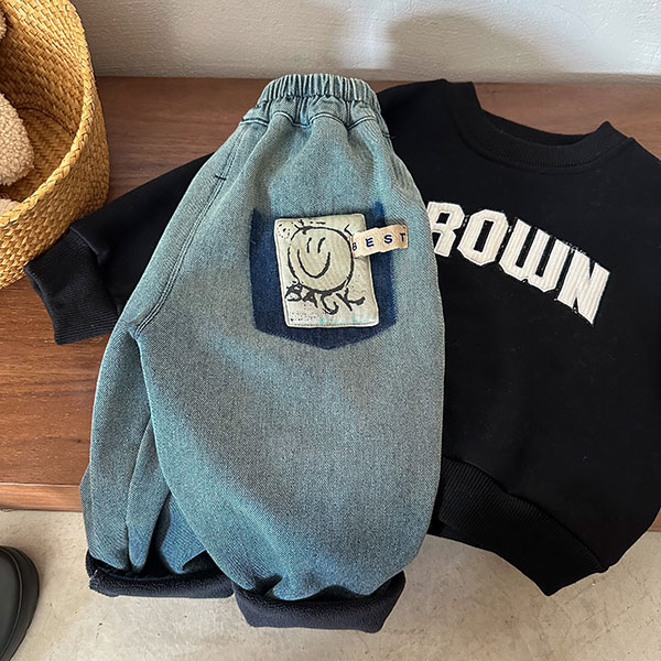 儿童笑脸牛仔裤男童加厚冬季新款小童休闲裤渐层潮宝宝长裤女加绒