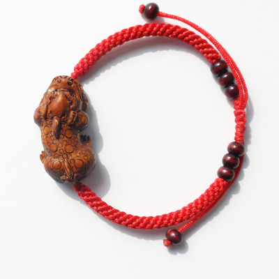 桃木貔貅手链木男女款手串本命年红绳子财手工雕刻