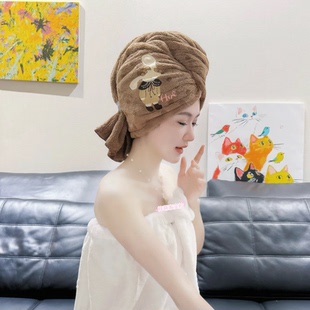 法式干发帽卡通刺绣加大宽尾绑带速干吸水（新工艺细丝压实面料）