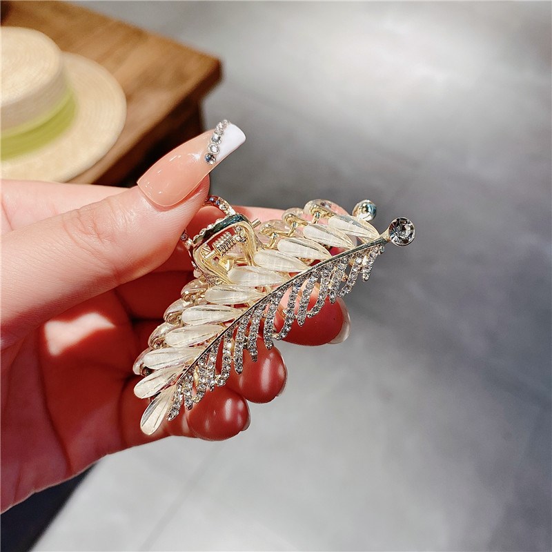 korean fashion crystal feather metal texture grasping clip h