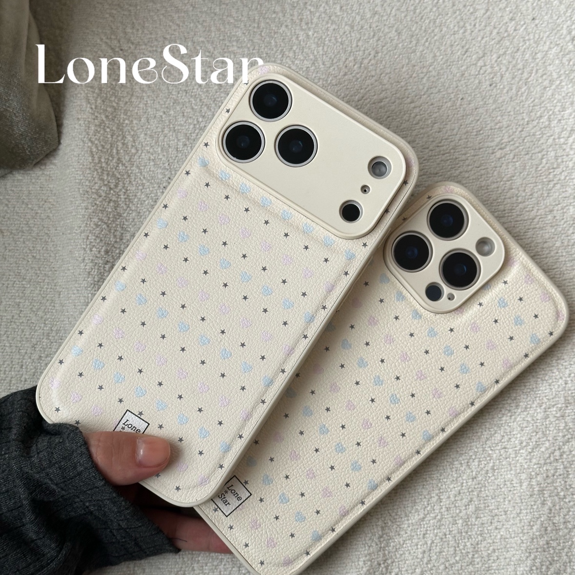 LoneStar原创爱心碎碎清新少女荔枝纹皮革印花软壳适用苹果17promax全包精孔手机壳