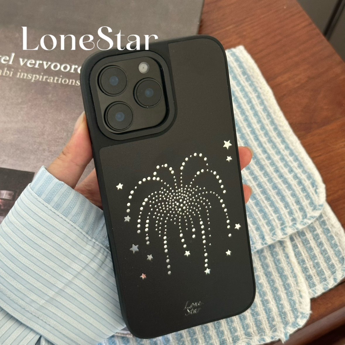 LoneStar原创花火大会烟花百搭简约印花镜面黑边壳适用苹果17promax全包大孔手机壳