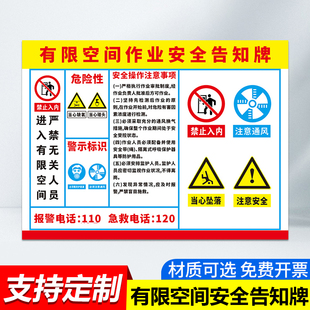 有限空间安全告知牌警告标识密闭受限空间作业警示牌贴纸安全风险点操作规程职业危害标示污水池蓄水池告知牌