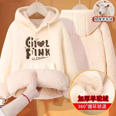 女童加绒加厚卫衣羊驼绒连帽上衣