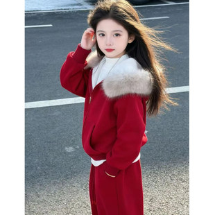 女童加绒套装冬装2026新款连帽卫衣女孩红色本命年过年加厚两件套