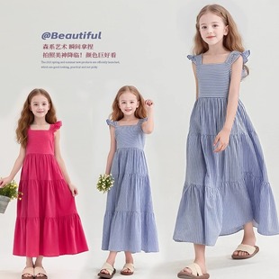 女童洋气条纹连衣裙大摆长裙中大童背心裙沙滩裙 韩版 童装 2025夏装