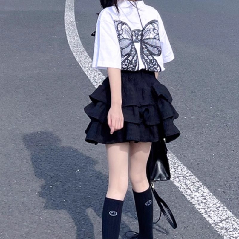 2025夏季新款女童韩版宽松蝴蝶圆领短袖T恤高腰时髦蛋糕裙两件套